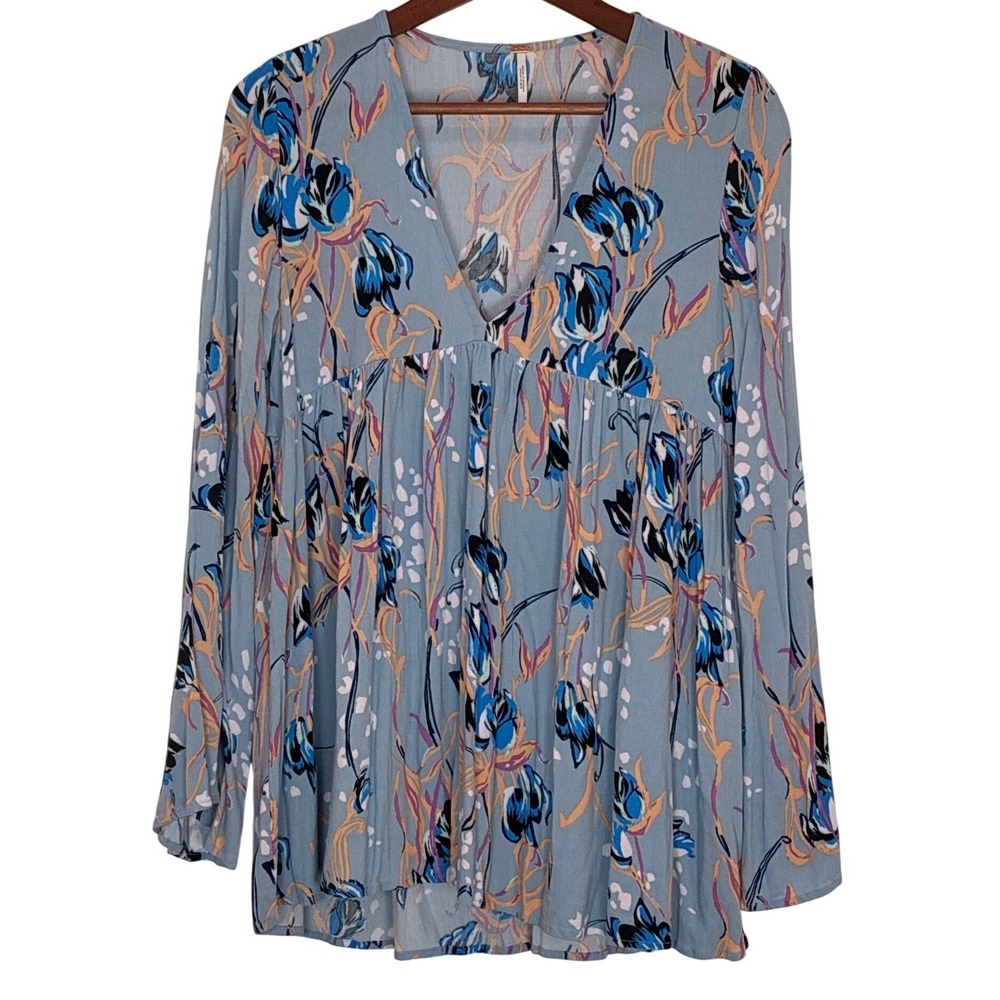 Free People Bella Tunic Top Blouse Blue Floral Long Sleeve Fairy Boho Hippie XS